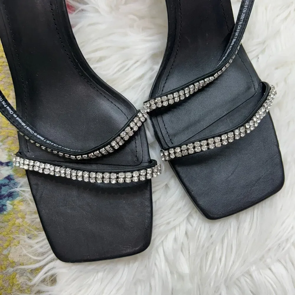 & Other Stories Strappy Heel Heeled Sandal 40 / 9 Black Rhinestone Square Toe
